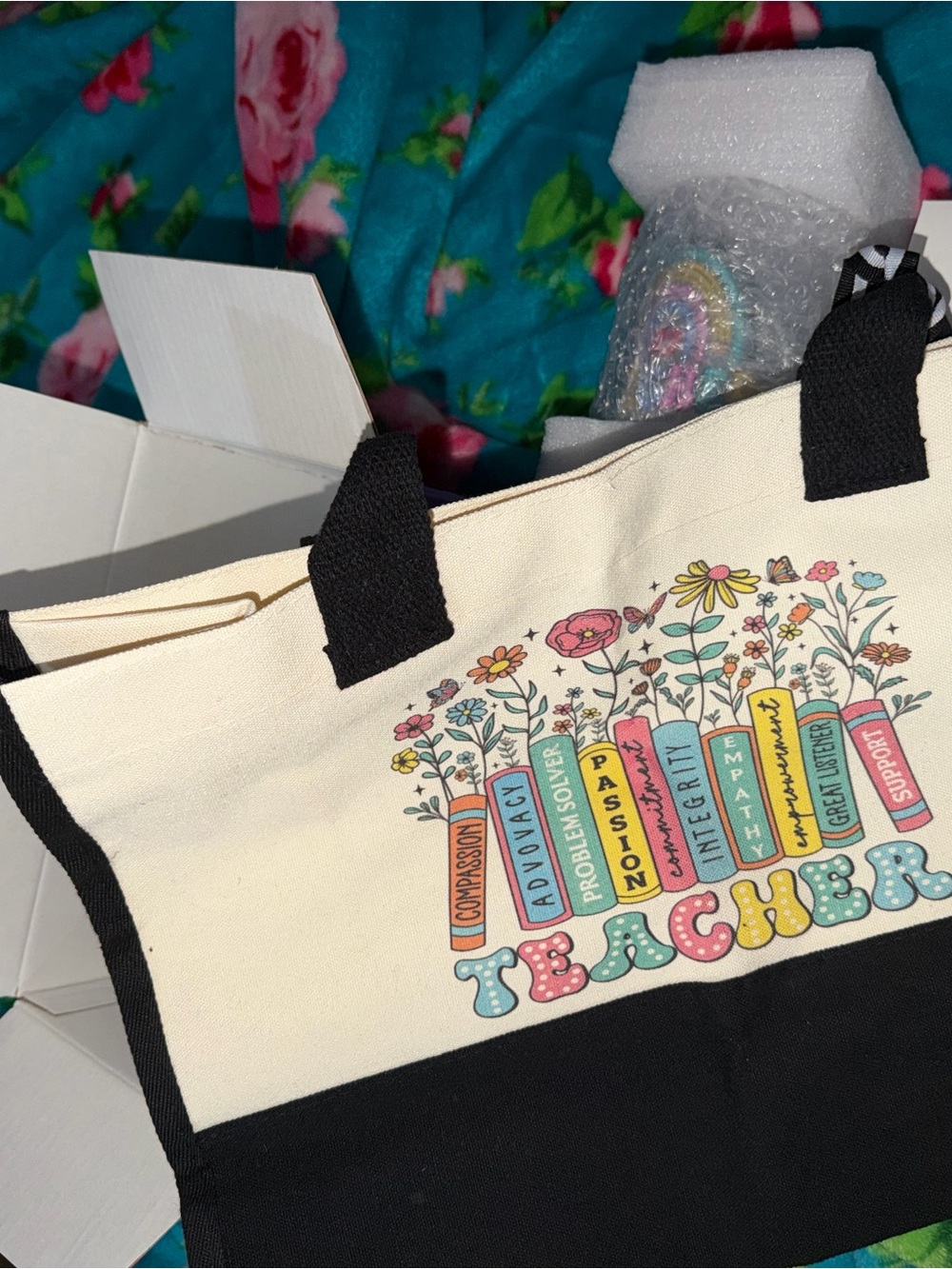 Teacher items; glass, tote bag, candle
